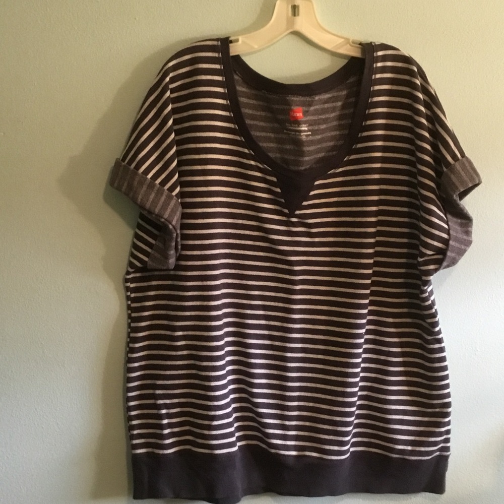Hanes Striped Short Sleeve Top in Gray and Cream